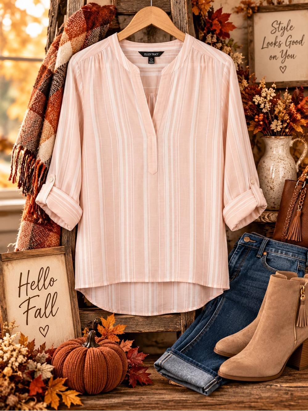 Ellen Tracy Linen Blend Striped Tunic Blouse Peach Boho Coastal Size XL
